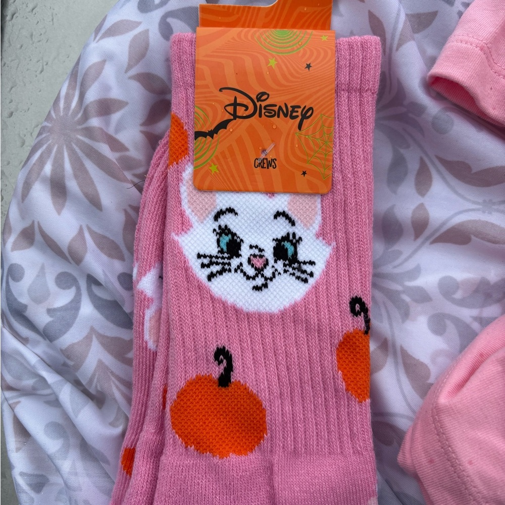 Disney Pink Socks with Cat and Pumpkin Design